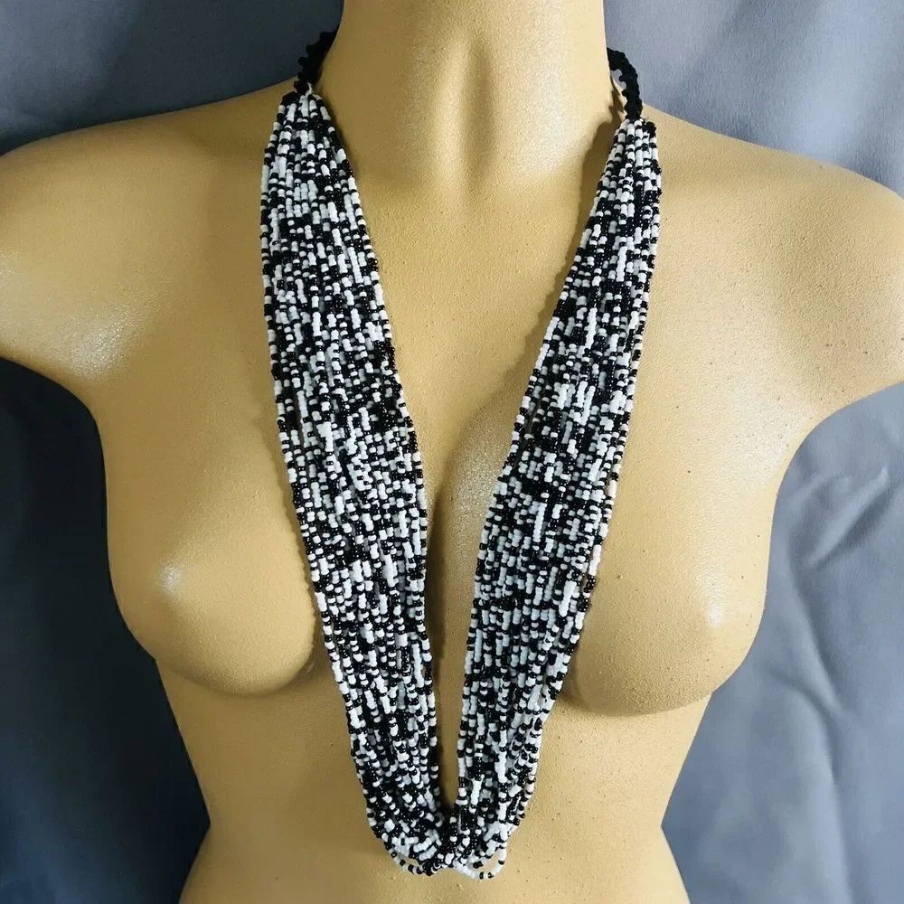Vintage Necklace Seed Beads White Black Multi Strand Crochet Beautiful 4506